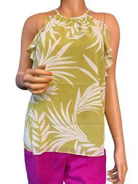 Bar III Palm Leaf Print Ruffle Halter Top Lime Green